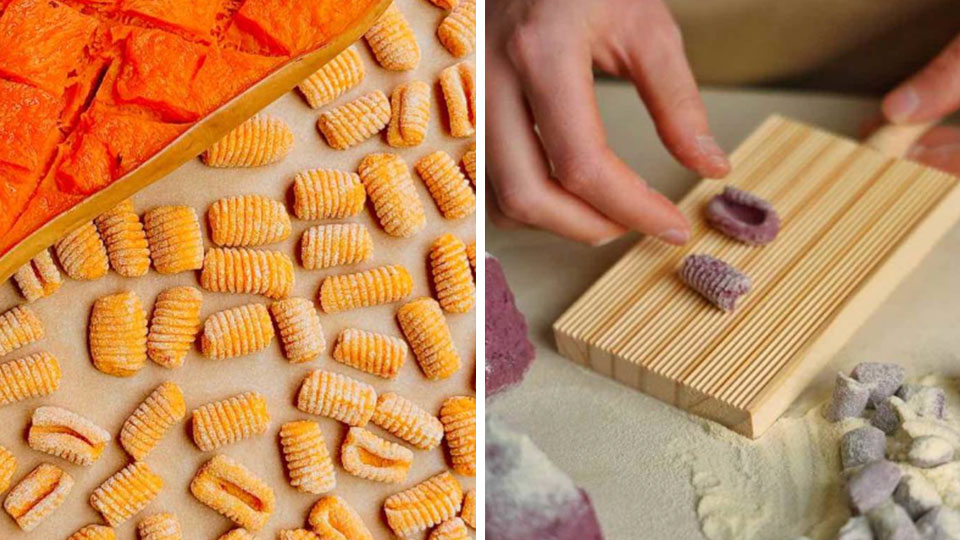 Farget gnocchi laget for hånd med spesialverktøy hos RavioliArt